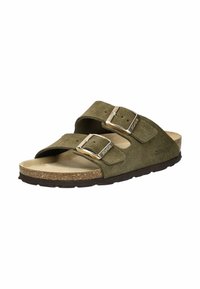 Sandali in suede verde oliva con due cinturini regolabili e fibbie in tonalità argento. Sottopiede in sughero e suola in gomma texturizzata.