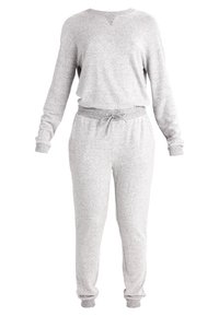 Ensemble composé d'un sweat-shirt à manches longues gris clair et d'un pantalon de jogging assorti, avec taille à cordon et poignets côtelés aux manches et aux chevilles.