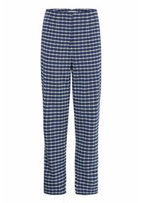 Pantalons à carreaux bleu marine et blancs avec une coupe droite, dotés d'une taille et sans attaches ni embellissements visibles.