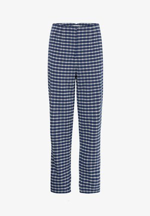 Marineblau und weiße karierten Hosen mit geradem Bein-Design, ausgestattet mit einem Bund und ohne sichtbare Beschläge oder Verzierungen.