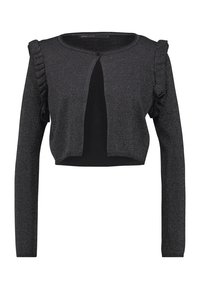 Svart kortärmad cardigan i glänsande tyg, med långa ärmar och volangdetaljer på axlarna; öppen framsida utan knappar.