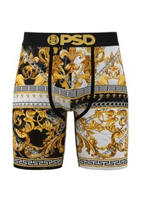Bóxers negros y dorados que presentan intrincados patrones barrocos, incluyendo leones, cadenas y diseños ornamentales. Cintura elástica etiquetada como "PSD".