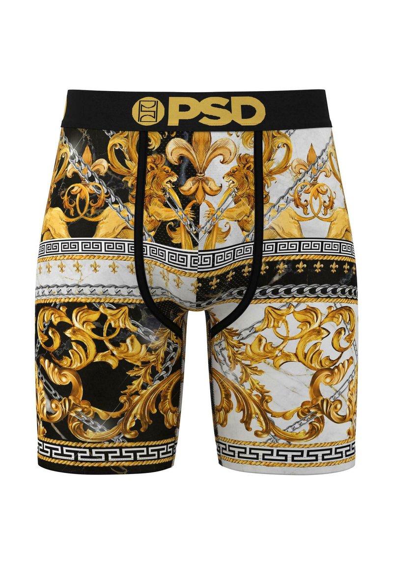 Bóxers negros y dorados que presentan intrincados patrones barrocos, incluyendo leones, cadenas y diseños ornamentales. Cintura elástica etiquetada como "PSD".