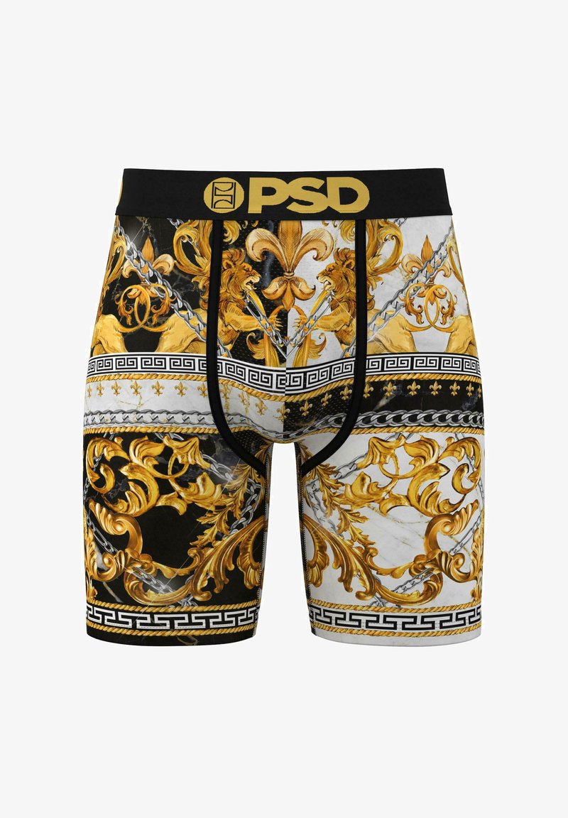 Bóxers negros y dorados que presentan intrincados patrones barrocos, incluyendo leones, cadenas y diseños ornamentales. Cintura elástica etiquetada como "PSD".