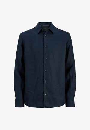 Camicia da uomo blu navy a maniche lunghe con colletto appuntito, bottoni frontali e orlo dritto.