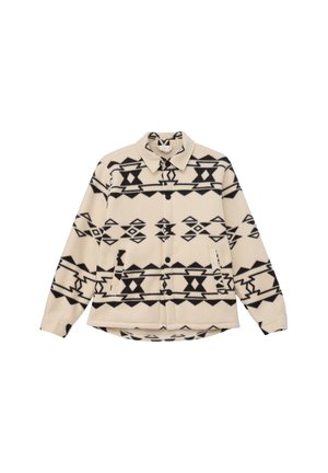 Chaqueta de forro polar beige con patrones geométricos negros inspirados en Navajo, cierre de botones, cuello y dos bolsillos delanteros.
