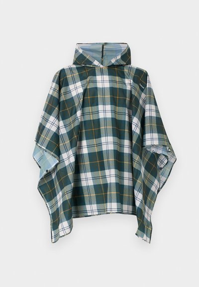 Poncho de pluie à carreaux verts, blancs et jaunes, avec une capuche et des boutons-pression sur les côtés, présenté sur un fond blanc.
