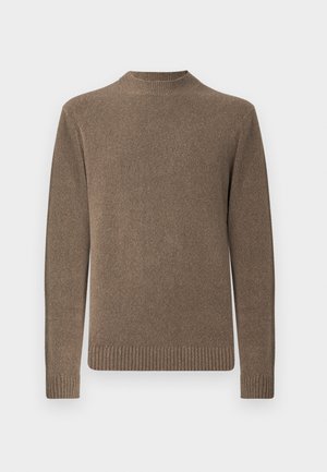 Maglione marrone lavorato a maglia con collo alto, maniche lunghe, polsini e orlo a costine, e una texture liscia. Ideale per essere indossato a strati durante il tempo fresco.