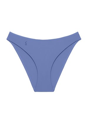 Blå bikinibund med høyt kutt og subtile sømmønsterdetaljer på hvit bakgrunn.