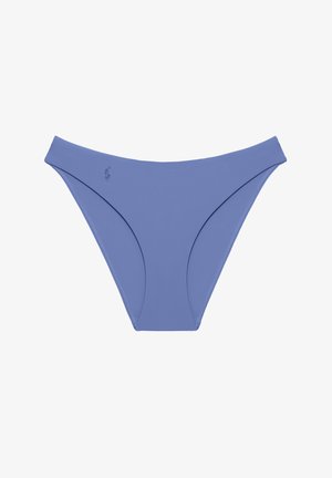 Μπλε κάτω μέρος μπικίνι με ψηλή κοπή στα πόδια και λεπτές ραφές, σε λευκό φόντο.