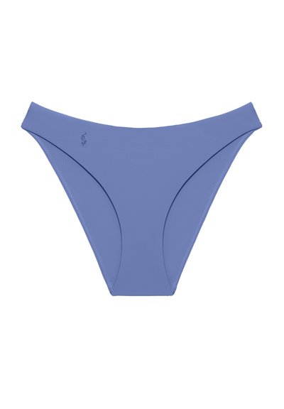 Μπλε κάτω μέρος μπικίνι με ψηλή κοπή στα πόδια και λεπτές ραφές, σε λευκό φόντο.