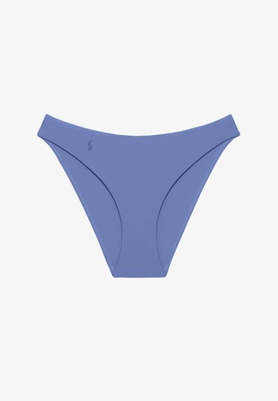 Μπλε κάτω μέρος μπικίνι με ψηλή κοπή στα πόδια και λεπτές ραφές, σε λευκό φόντο.