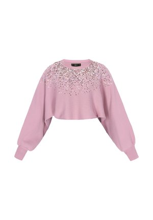 Roze cropped sweater met lange, pofmouwen en een sierlijke detail van pailletten over de bovenkant, biedt een zachte textuur en een relaxte pasvorm.