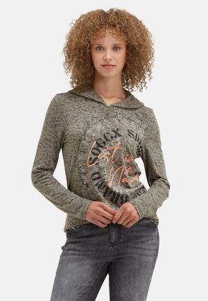 Gray hoodie with a textured fabric, featuring a graphic print in varying fonts and colors, including "Lost in Nature" in orange.
