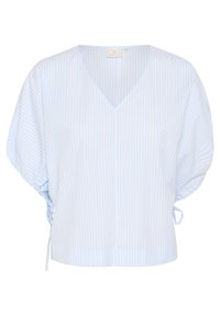 Light blue and white striped blouse with a V-neck, short puff sleeves, and adjustable ties at the sides. Smooth, lightweight fabric.