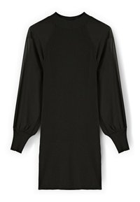 Schwarzes, geripptes Strickkleid mit Rundhalsausschnitt, langen Puffärmeln und taillierten Bündchen. Einfaches, einfarbiges Design, keine sichtbaren Verzierungen oder Muster.