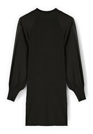 Schwarzes, geripptes Strickkleid mit Rundhalsausschnitt, langen Puffärmeln und taillierten Bündchen. Einfaches, einfarbiges Design, keine sichtbaren Verzierungen oder Muster.