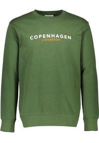 Felpa verde in cotone con scollo a girocollo, con la scritta "Copenhagen" in bianco e "Lindbergh" in arancione sul petto.