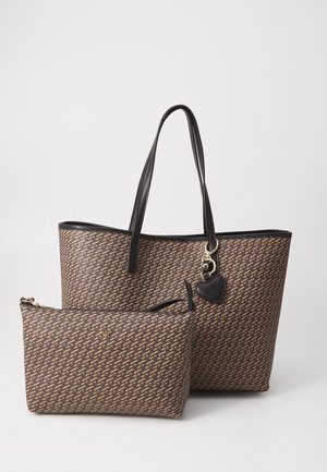 Brown and black patterned tote bag with black handles and heart-shaped charm, accompanied by a matching smaller zippered pouch.