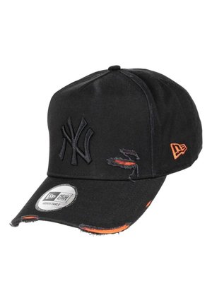 Black baseball cap made of cotton, featuring an embroidered logo, distressed details, and an adjustable strap. Includes an orange accent.