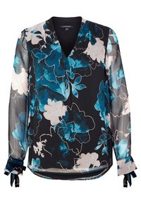 Schwarz-bluse mit floralem Muster und langen Ärmeln, die türkisfarbene und rosa Blumen zeigt. V-Ausschnitt und gebundene Manschetten. Durchscheinender, leichter Stoff.