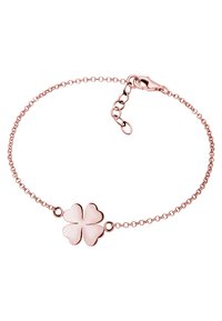 Armband aus Roségold mit einer zarten Kette, die in der Mitte einen vierblättrigen Kleeblatt-Anhänger mit emaillierter Oberfläche aufweist. Verstellbarer Verschluss.