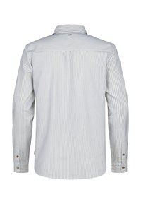 Camicia a maniche lunghe con colletto, caratterizzata da strisce verticali blu su uno sfondo bianco. Polsini con bottone e dettaglio del collo sul retro.