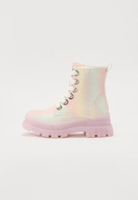 Iridescent lace-up ankle boots with a glossy finish, featuring a pink translucent sole and silver hardware accents.