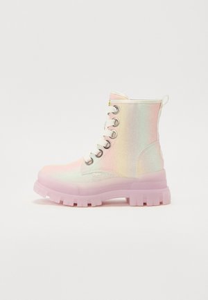 Iridescent lace-up ankle boots with a glossy finish, featuring a pink translucent sole and silver hardware accents.