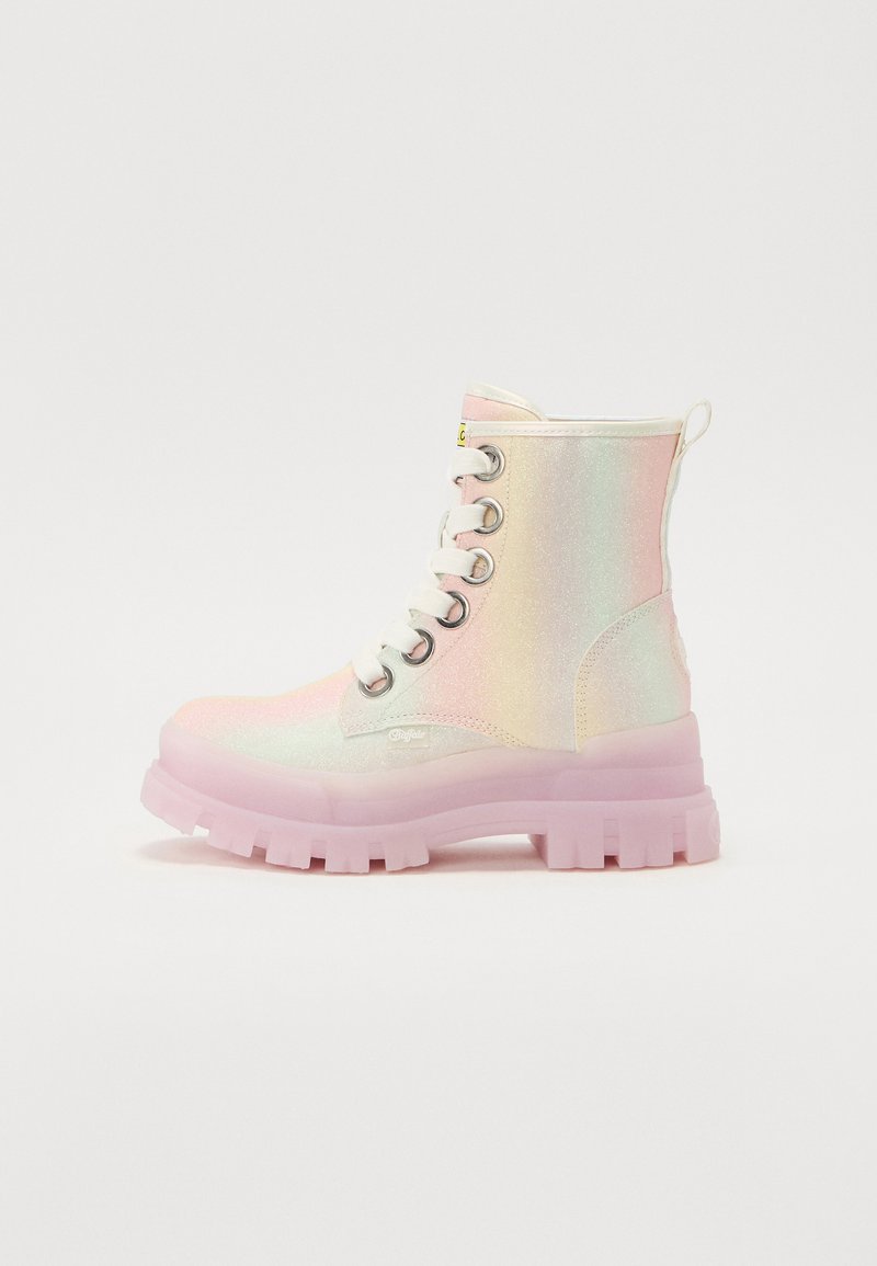 Iridescent lace-up ankle boots with a glossy finish, featuring a pink translucent sole and silver hardware accents.