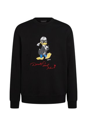 Black sweatshirt featuring a colorful graphic of a cartoon character in winter attire, with red text reading "Donald and Karl." Smooth texture.