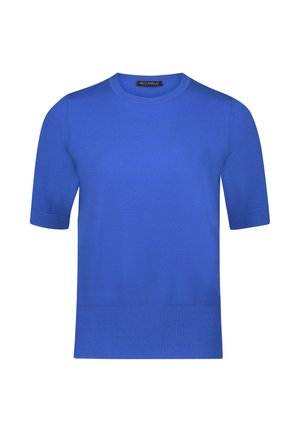 Pull en maille bleu à manches courtes avec un col rond, des poignets et un ourlet côtelés. Texture lisse et couleur uniforme sur toute la surface.