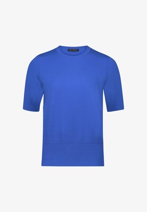 Kortemouw blauw gebreide trui met een ronde halslijn, geribde manchetten en zoom. Gladde textuur en gelijkmatige kleur overal.