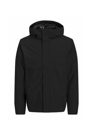 Giacca nera da esterno con cappuccio, caratterizzata da una finitura liscia e opaca. Il design include una zip frontale, maniche lunghe e nessun motivo o hardware visibile.