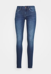 Mörkblå slim fit-jeans med femfickorsdesign, gjorda av denimtyg. Har en knappstängning och lätt blekning längs med benen.