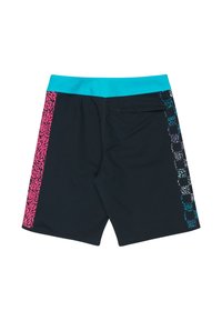 Czarne kąpielówki z jasnoturkusowym pasem w talii, różowym pikselowanym paskiem po lewej stronie oraz pikselowanym niebieskim wzorem w kratę po prawej stronie.