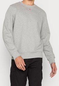 Šedá mikina s dlouhými rukávy, klasickým výstřihem, žebrovanými manžetami a lemem, s malým červeným logem na hrudi. Hladká textura.