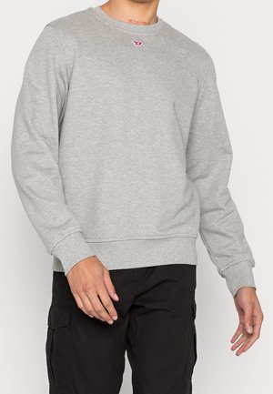 Szara bluza z długim rękawem, okrągłym dekoltem, ściągaczami przy rękawach i dole, z małym czerwonym logo na klatce piersiowej. Gładka tekstura.