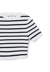 Top corto a maniche corte a righe bianche e nere, realizzato in morbido cotone, con scollatura rotonda e design aderente dalla texture liscia.