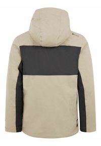 Beige en zwarte jas met capuchon, met een kleurblokontwerp, een strakke textuur en opvallende stiksels langs de naden en mouwen.