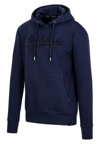 Navy blue hoodie made of cotton blend, featuring a front pocket, drawstring hood, and embroidered "SPITZBUB 2017" logo in black.