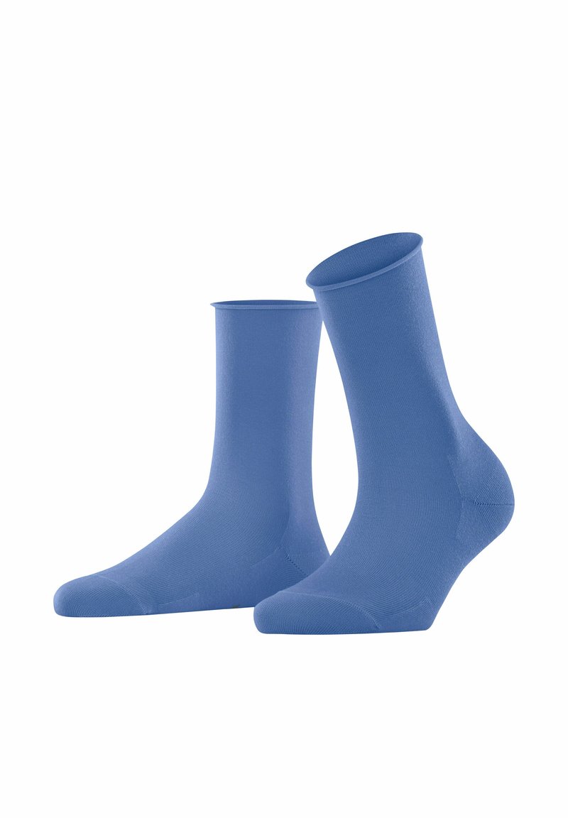 Blaue Baumwoll-Crew-Socken mit glatter Textur, verstärktem Zeh und Ferse sowie einem dehnbaren Bündchen an der Oberseite.