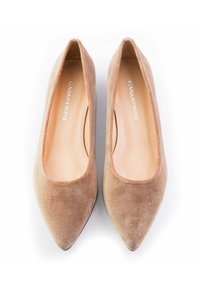 Zapatos de tacón puntiagudos en color beige, hechos de terciopelo suave, con un interior suave y una silueta elegante, que presentan un brillo sutil y un diseño minimalista.