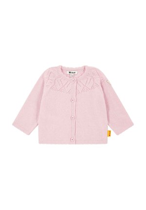 Cardigan rosa lavorato a maglia con maniche lunghe, chiusura a bottoni, orlo a costine e scollatura ondulata. Presenta un motivo testurizzato sul corpino.