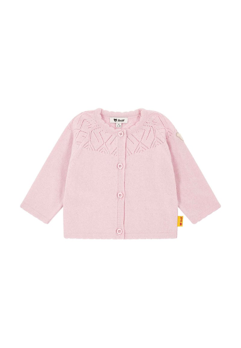 Cardigan rosa lavorato a maglia con maniche lunghe, chiusura a bottoni, orlo a costine e scollatura ondulata. Presenta un motivo testurizzato sul corpino.