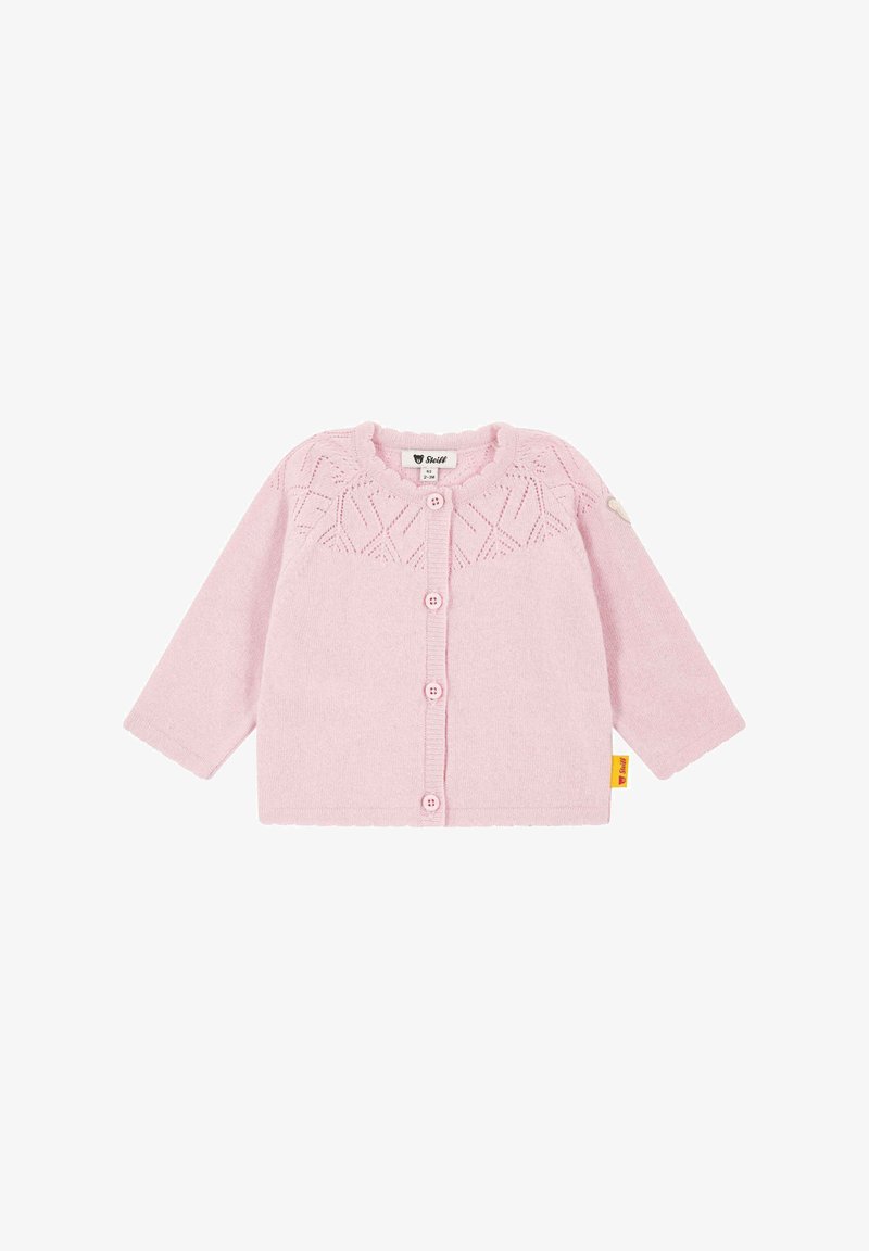 Gilet en tricot rose avec de longues manches, fermeture à boutons, ourlet côtelé et encolure festonnée. Présente un motif texturé sur le buste.
