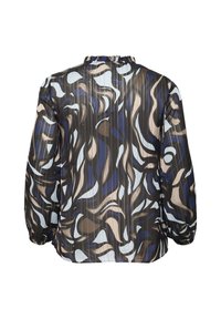 Trykt bluse i let stof, med en mørk baggrund med abstrakte blå, beige og brune svungne mønstre; flæset halsudskæring.