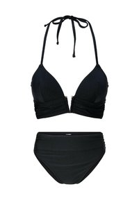 Musta bikini, jossa on kolmionmuotoinen yläosa kerätyillä yksityiskohdilla ja kullanvärinen solki, yhdistettynä korkeavyötäröisiin alushousuihin, joissa on rypytetty yksityiskohta.