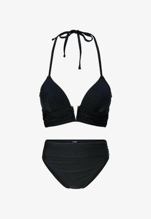 Set crnog bikinija s trokutastim gornjim dijelom s naborima i kopčom zlatne boje, u kombinaciji s gaćicama visokog struka s naborima.