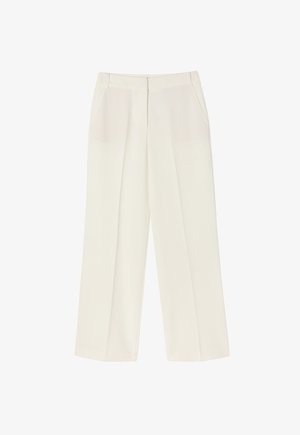 Széles lábú nadrág világos krém színben. Puha, sima anyagból készült, szabott fazonnal. Oldalsó zsebekkel és rejtett zárással rendelkezik.